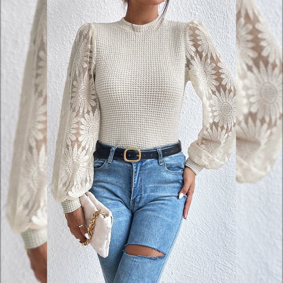 Sunflower Mesh Bubble Sleeve Waffle Knit Top - Picture 1 of 5